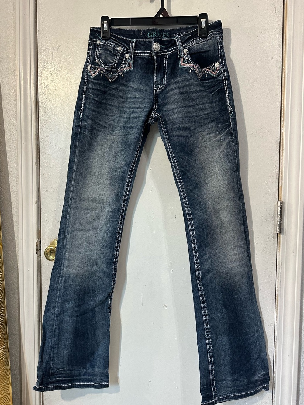Grace in LA Dark Blue Bootcut Jeans with Embroidered Pockets